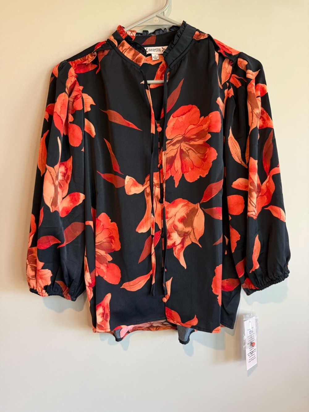 Nanette Lepore Black Blouse with Orange Floral Print NWT - Picture 2 of 9